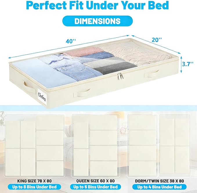 4 Inch Low Profile Under Bed Storage Drawer 4 Pack, Lightweight Underbed Clothes Storage Container Bins with NO STURCTURE, Shallow Storage Bag for Dorm & Home, With Clear Lids & Water-Resistant Fabric