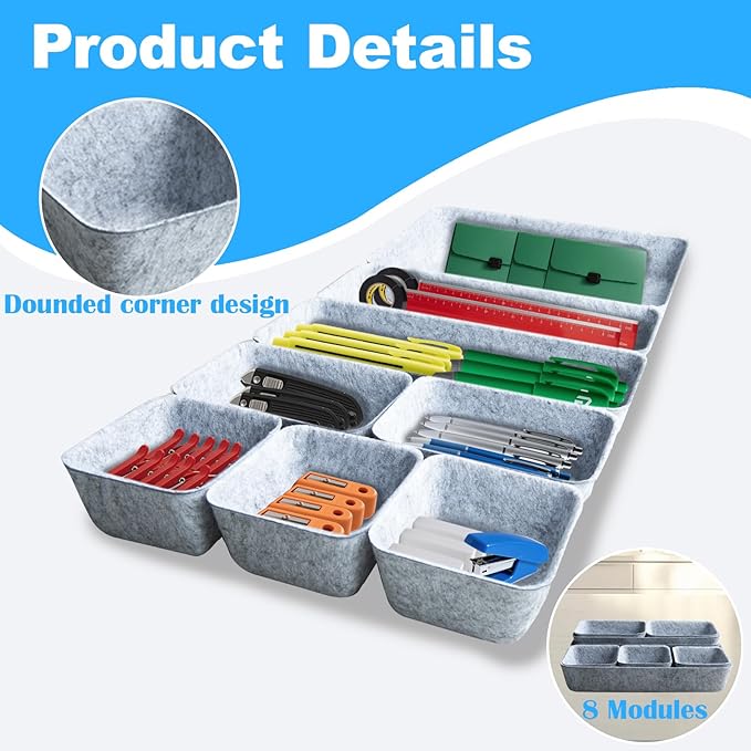 Drawer Organizer Compatible with Alex-8 Piece Modular Felt Different Size Drawer Organizers Set