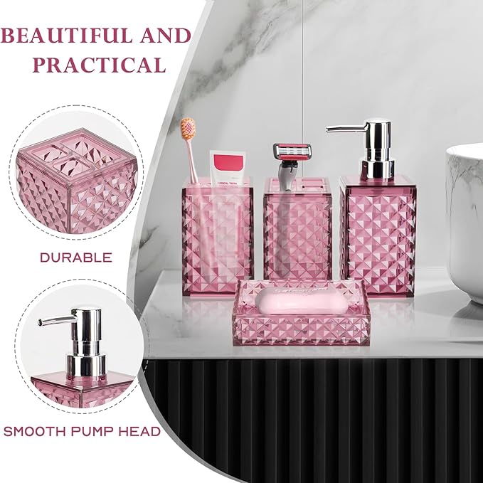 Bathroom Accessory Set, Grid Pattern 4 Pcs Plastic Bathroom Set Include Soap Dispenser, Soap Dish, Toothbrush Holder, Mousewash Cup, Modern Bahtroom Décor Set(Burgundy)