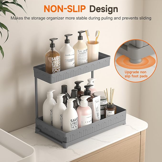 3 Pack Multi-Purpose Under Sink Organizers and Storage, 2026 L-Shaped Pull Out Cabinet Organizer for Bathroom & Kitchen, Under Cabinet Organizer with Hooks Hanging Cup, Grey, 14.85 inch