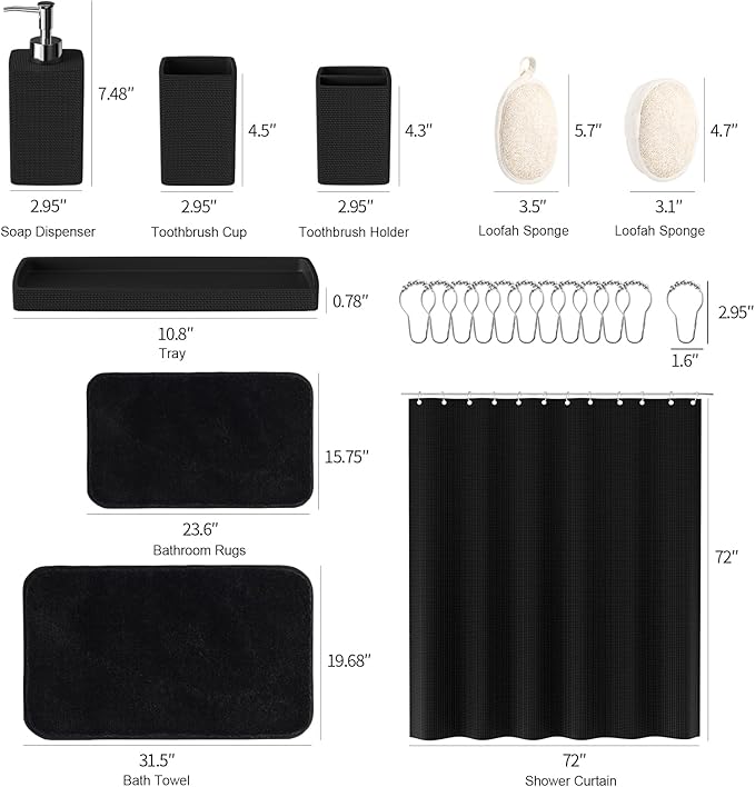 Black Bathroom Sets, Black Bathroom Accessories Set with Shower Curtain and No-Slip Bath Rugs, Natural Loofah Sponge, Soap Dispenser, Toothbrush Holder, Bathroom Tumbler and Tray for Bathroom