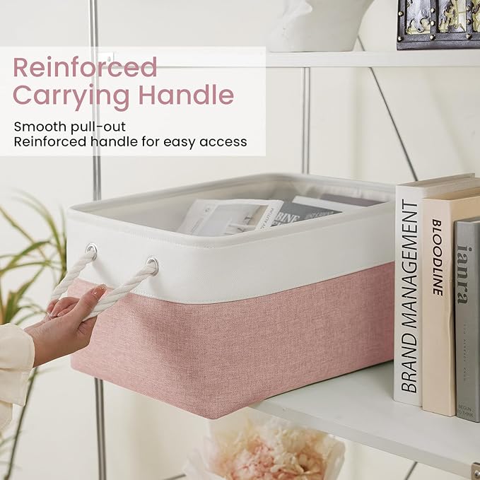 Large Storage Baskets- 15.7x11.8x8.26 inch Storage Bins for Shelves and Closet Organizing, Foldable Fabric Bin for Home Organization Clothes and Laundry (6-Pack, White&Pink)