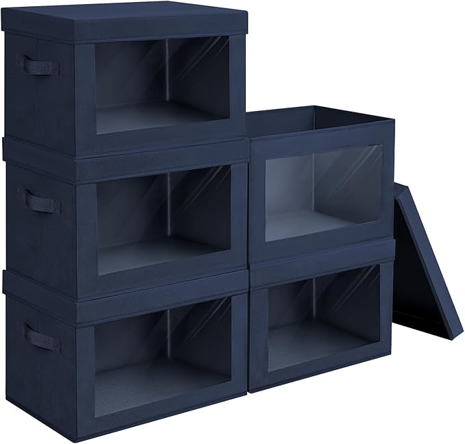 Stackable Storage Bins with Lids - Medium Storage Box with Lids, Foldable Closet Boxes for Organizing, Wardrobe Clothes Organizer with Window, Cubes Bins for Living Room, 5 Pack, Navy Blue