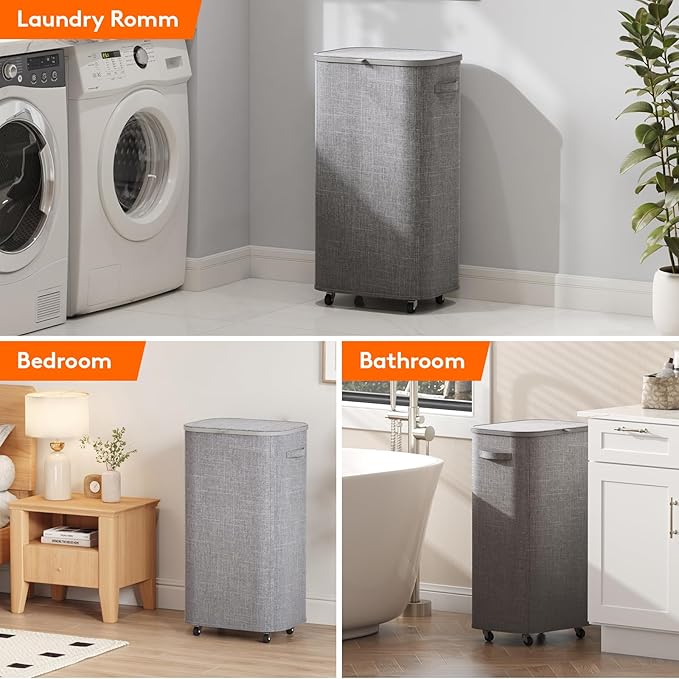 Lifewit 105L Plastic Laundry Basket with Lid, Large Clothes Hamper with Wheels and Removable Bag, Tall Collapsible Rolling Storage Bin for Dorm Bedroom Bathroom, Light Gray