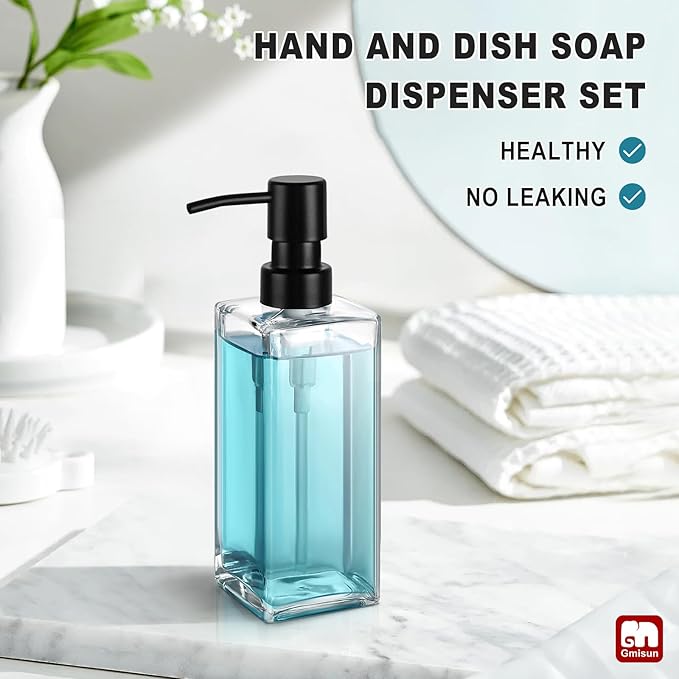 GMISUN Glass Soap Dispenser with Stainless Steel Pump, Clear Hand Soap Dispenser for Bathroom, 12 fl oz/350ml Refillable Dish Dispenser for Kitchen, Modern Liquid Soap and Lotion Bottle for Countertop