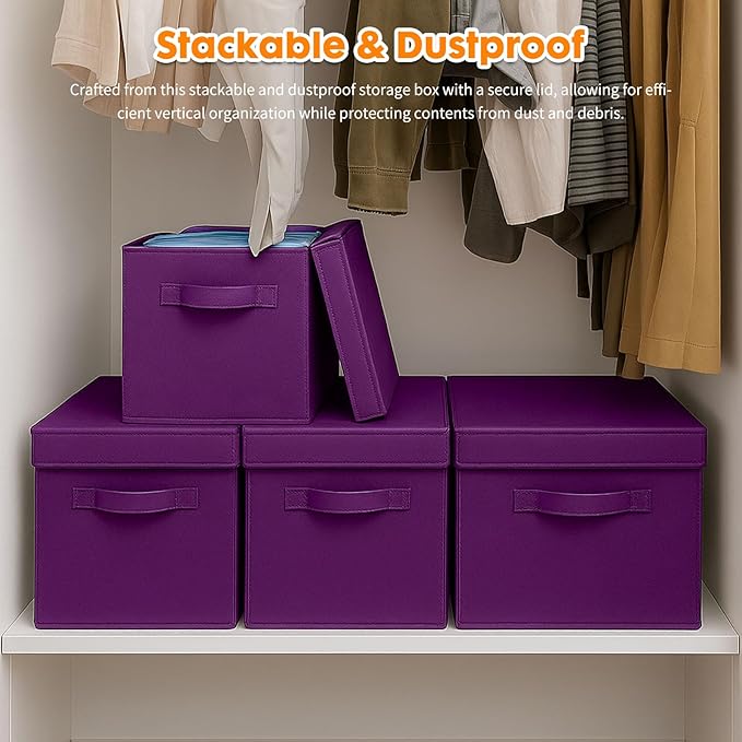 ShellKingdom Storage Bins, Foldable Fabric Storage Cubes with Lid, Clothes Storage Organizer Drawer For Closet Toys Storage, 10.5 X 10.5 X 11 INCH, 2 Pack (Purple)