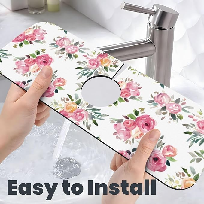 Pink Red Rose Roses Floral Flower Kitchen Sink Splash Guard Faucet Mat Super Absorbent Fast Drying Mat Sink Gadgets-Fast Drying Pad Sink Mat For Kitchen Bathroom (15" X 5.5" )