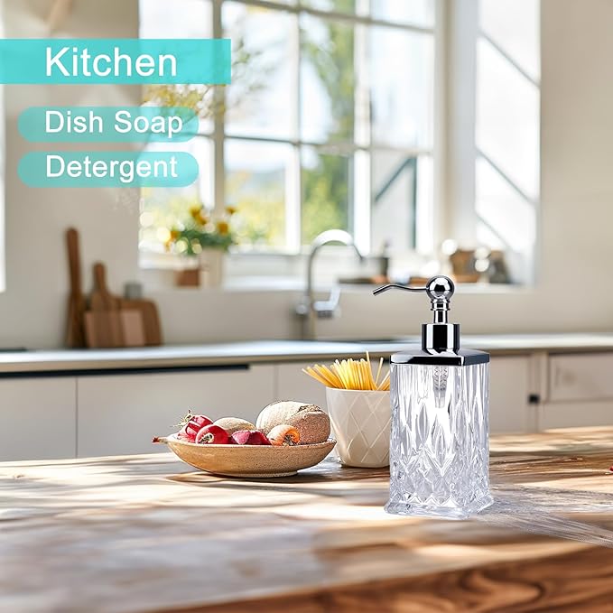 10Oz Clear Glass Soap Dispenser with Silver Pump,Lead-Free Thick-Cut Glass,Countertop Soap Dispensers for Bathroom & Kitchen,Square