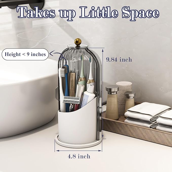 Zufudo Dustproof Toothbrush Holders with Cover, Rotating Electric Toothbrush and Toothpaste Holder for Bathroom Countertop, 3 Slots Makeup Brushes Organizer, Grey White