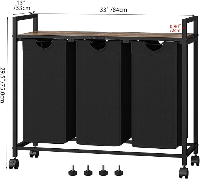 Laundry Hamper, Laundry Basket, Laundry Sorter with 3 Pull-Out and Removable Bags, Shelf, Laundry Room Storage with Table, for Bathroom, Bedroom, 3 x 11.5 Gal (43.4L), Rustic Brown