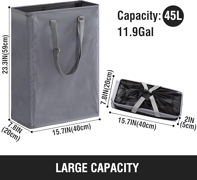 TECHMILLY Slim Laundry Hamper with Adjustable Long Handles, 45L Small Laundry Baskets with Mesh Top, Narrow Dirty Clothes Hamper for Bedroom, Closet, and Bathroom - Grey, 2 Packs