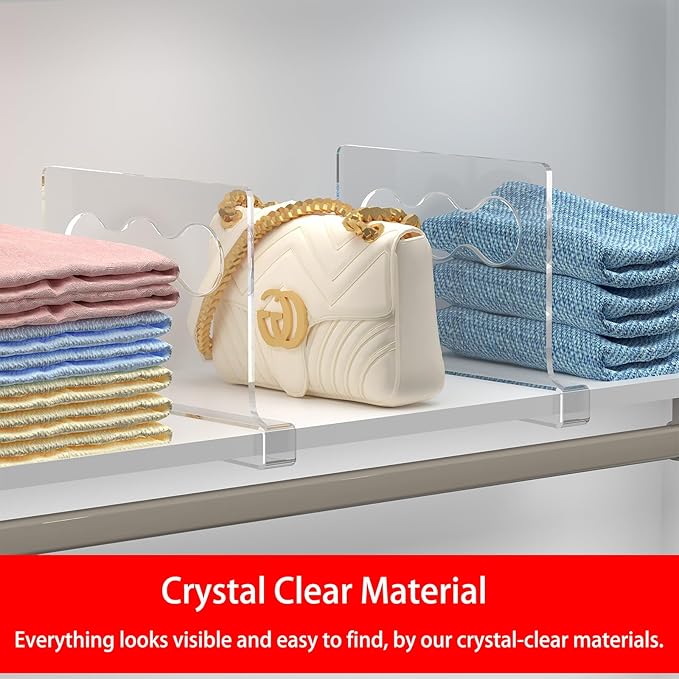 4 PCS Clear Shelf Dividers, Closet Vertical Purse Organizer for Closet, for Handbags, Clutches, Clothes, Towels, Shelf Dividers for Closet Organization Wooden Shelves for Bedrooms, Kitchens and Office