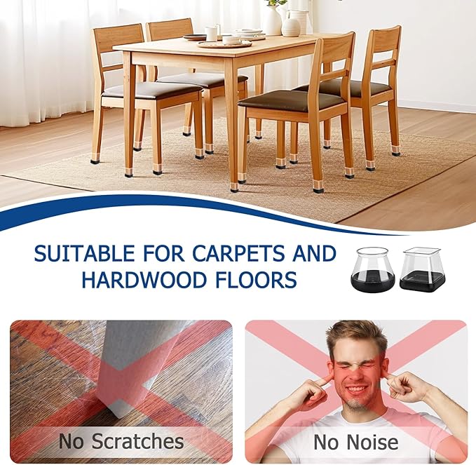 Chair Leg Floor Protectors for Hardwood Floors and Carpet GICUNK Silicone Covers to Protect Wood Tile Floors Chair Sliders Non Slip Reduce Noise 28 Pcs Clear Round S Fit:1/2"~13/16"