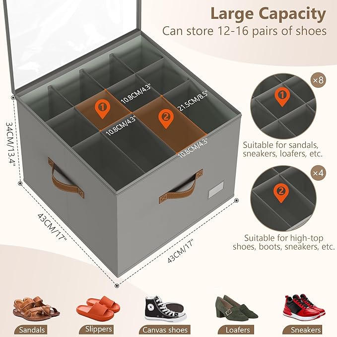 Shoe Organizer for Closet,2 Pack Shoe Storage Bins Foldable Shoe Storage Box Containers with Clear Cover and Sturdy Handles,Shoe Rack for Closet Storage for Sneakers Heels Slippers (Grey)