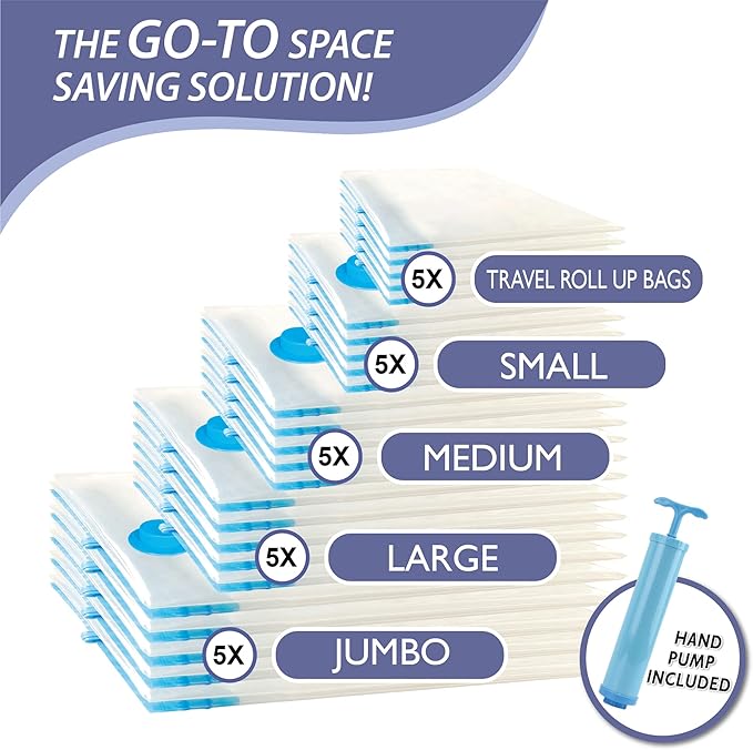 Cozy Essential 25 Pack Vacuum Storage Bags, Space Saver Bags (5 Jumbo/5 Large/5 Medium/5 Small/5 Roll) Compression for Comforters and Blankets, Pillow, Bedding, Sealer Clothes Storage,