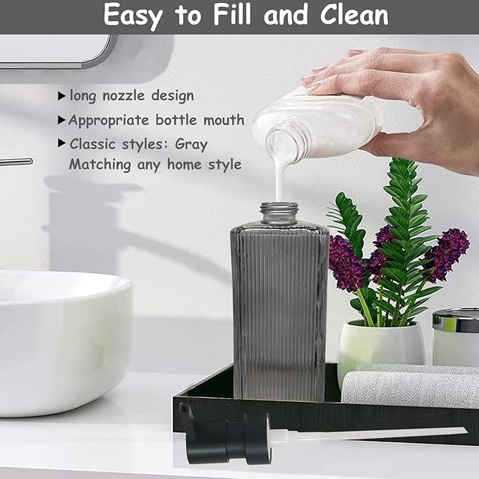 Gray Glass Soap Dispenser Set with Black Pump, 12oz Refillable Liquid Hand Dispenser, Lotion Dish Soap Dispenser for Modern Home Decor, Bathroom, Kitchen Countertop, Hotel(2 Pack)