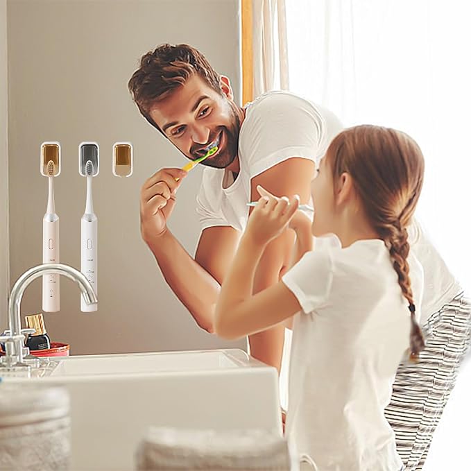 3 Pack Toothbrush Holders for Bathroom, Self Adhesive Wall Mounted Toothbrush Holder with Cover, Single Toothbrush Dispenser Storage Organizer for Family, Travel, Waterproof and Dustproof (Grey)