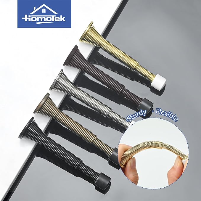HOMOTEK 4 Pack Telescoping Spring Door Stoppers, Extended from 3-1/8 to 4-1/4 inches Wall Mount Extra Long Door Stops- Flexible Spring Doorstops Wall Protector (Bright Brass)