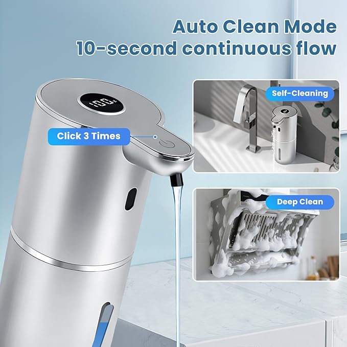 Automatic Soap Dispenser, Touchless Liquid Soap Dispensers, USB Rechargeable, 6-Level Adjustable Volume Control, 12.8oz/380ml, Wall Mount for Kitchen, Bathroom, Free Liquid Dispenser Stickers (Silver)