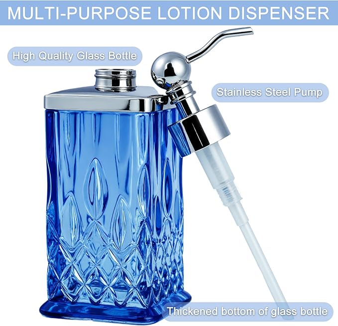 10Oz Blue Glass Soap Dispenser with Silver Pump,Lead-Free Thick-Cut Glass,Countertop Soap Dispensers for Bathroom & Kitchen,Square