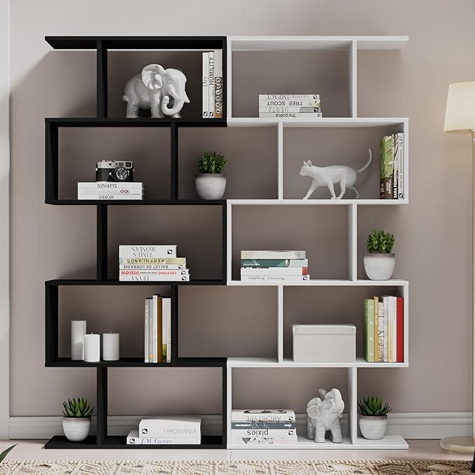 Cozy Castle Set of 2 Geometric Bookcase, S-Shaped Modern Bookshelf, Room Divider Bookshelf, 62" Tall Unique Abstract Bookcase with 5-Tier Display Shelf for Living Room Office, White & Black