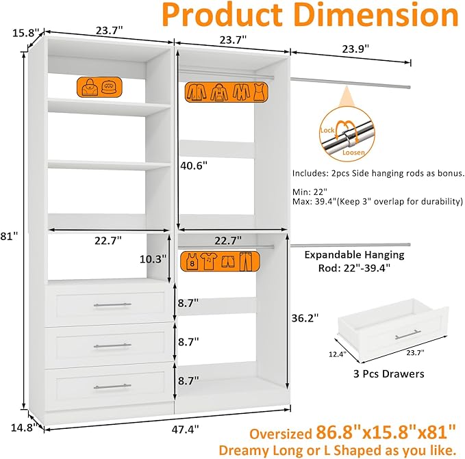 Closet System of 2 Sets with 3 Drawers & 4 Shelves & 4 Hanging Rods, 4FT-10FT Closet Organizer System, Walk in Closet, Modular Closet System White (4FT)