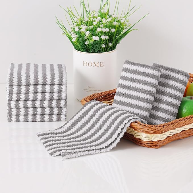 Homaxy 12 Pack Kitchen Dish Cloths, Ultra Soft and Absorbent Dish Towels, Reusable Fast Drying Microfiber Cleaning Cloth, Coral Velvet Wave Design No-lint, 10 x 10 inches, Grey