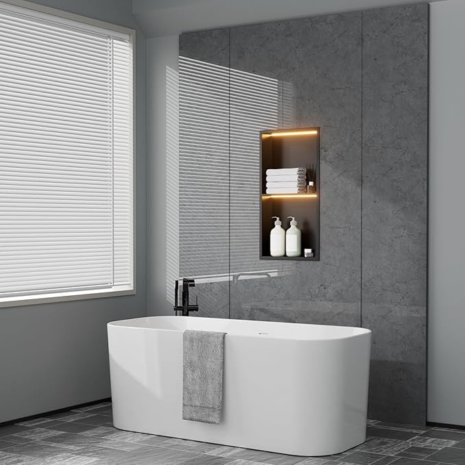 TSIBOMU 12" X 24" Stainless Steel Shower Niche with LED Lights, Matte Black Double Shelves Recessed Shower Niche No Tile Needed for Bathroom/Bedroom Storage