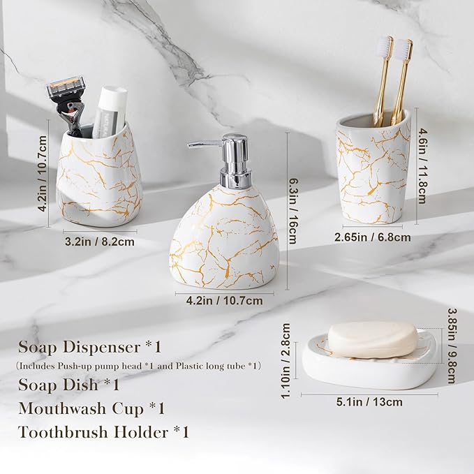 MALACASA Bathroom Accessories Sets 4 Pcs, Cream Soap Dispenser and Farmhouse Toothbrush Holder, Soap Dish with Storage Cup, Durable Ceramic Bathroom Decor for Morden Apartment, White Gold