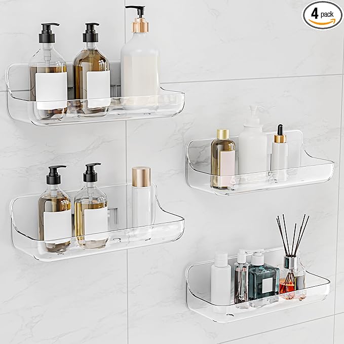 Adhesive Shower Caddy, 4 Pack Acrylic Bathroom Shelves, No Drill Wall Mount Organizer Storage Shelf