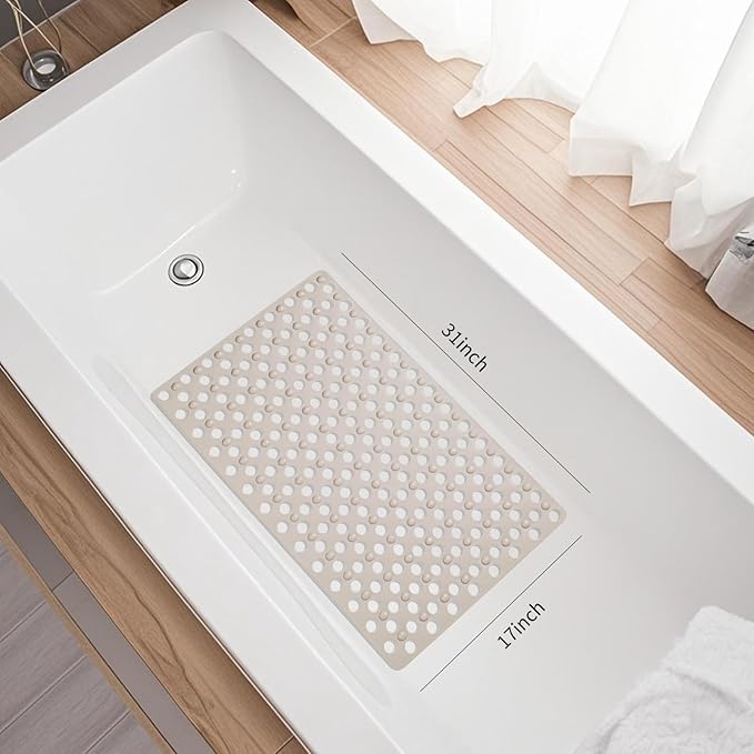 BREELEAM Non Slip Bathtub and Shower Mat 31x17 inch,Bath Mat with Quick Dry Drain Holes and Suction Cups, Soft Comfortable Safe Bathroom Mat for Bath Tub, Floor, Tile (Khaki)