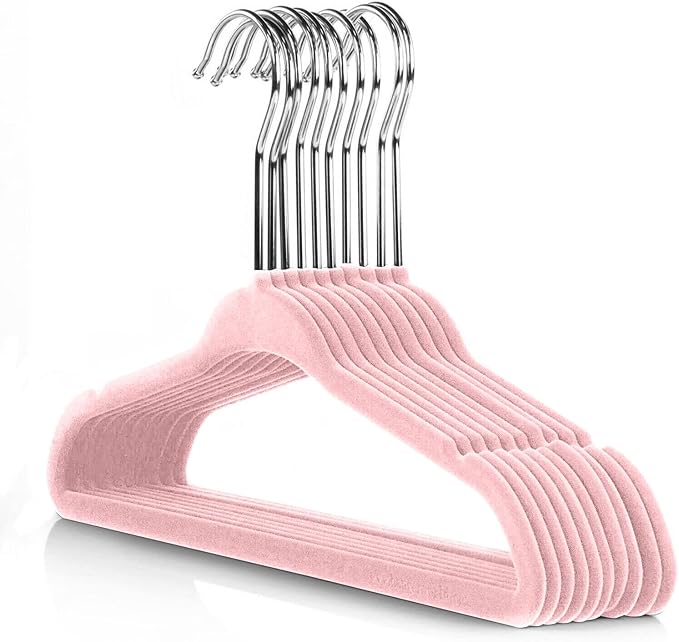 Pink Velvet Kids Hangers 50 Pack - 11" Ultra Thin Non-Slip Clothes Hangers for Baby/Toddler/Daycare | 360° Rotating Hooks, Space-Saving Nursery Organization