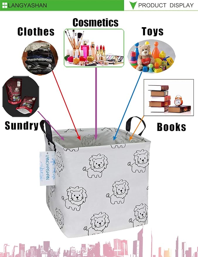 LANGYASHAN Square Storage Baskets Waterproof Canvas Children Laundry Nursery Hamper for Shelves Gift Baskets Toy Organizer Room Decor(Lion)