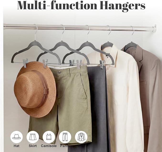 HOUSE DAY Velvet Skirt Hangers 36 Pack, Grey Velvet Hangers with Adjustable Clips, Space Saving Slim Felt Pant Hanger, Heavy Duty Shorts Hanger, Non Slip Clip Hangars for Pants, Skirts, Shorts
