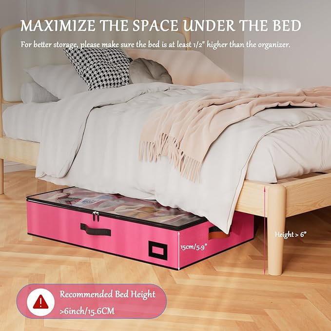 homyfort Under Bed Shoe Storage Organizer, 600D Material Underbed Shoes Storage Containers, set of 2, fits up to 32 Pairs of Shoes (Pink)