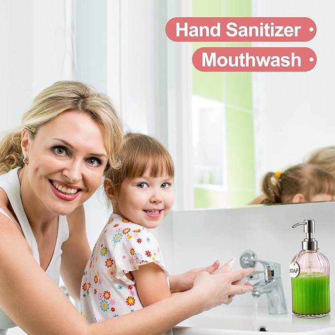 16OZ Fashion Stripe Clear Glass Refillable Soap Dispenser with 304 Stainless Steel Pump Premium Soap Dispenser， for Kitchen, Bathroom, Hand Sanitizer, Liquid Soap, Lotion, etc. (Clear Pink)