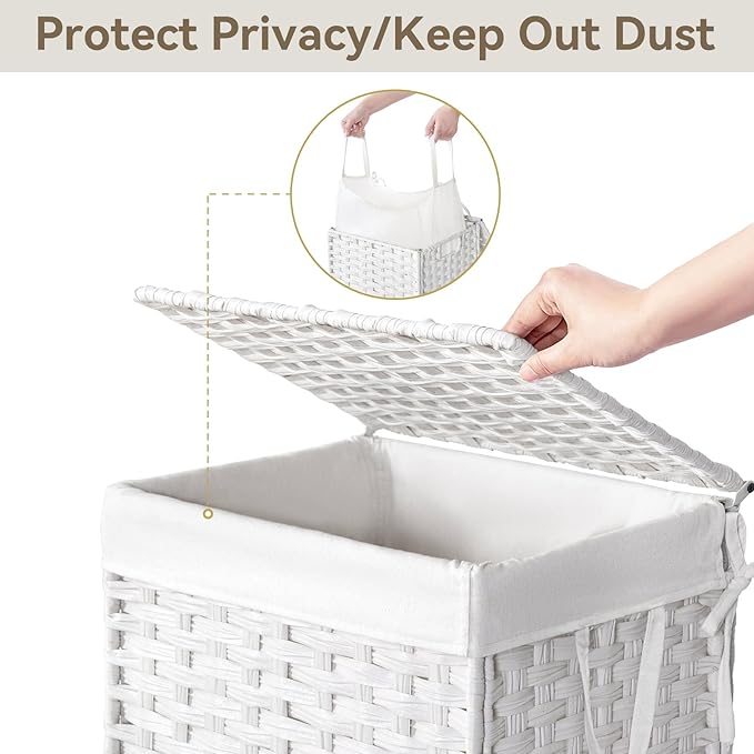 Chrislley 90L Slim Laundry Hamper with Wheels, Rolling Laundry Basket with Lid and Renovable Liner Bag, Handwoven Rattan Organizer for bedroom, bathroom, laundry room (White)