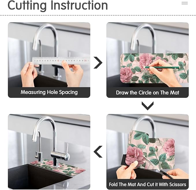 Kitchen Sink Splash Guard 1 PC 14.7 Inch Sink Faucet Mat Splash Guard for Bathroom Countertop Water Absorbent Foldable Cuttable Soft Washable Pink Vintage Roses with Leaves