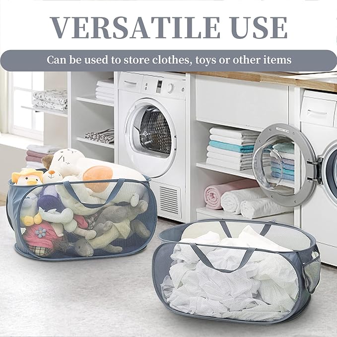 Reinforced Collapsible Laundry Baskets, 3Pcs High-Strength Mesh Pop Up Laundry Hamper, Foldable Clothes Hamper with Handles and Side Pocket for Laundry Room Dorm, Horizontal