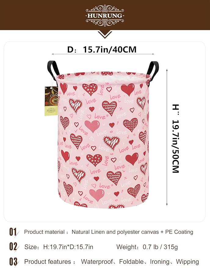 HUNRUNG Laundry Hamper,Large Canvas Fabric Lightweight Storage Basket Toy Organizer Dirty Clothes Collapsible Waterproof for College Dorms（Round-Pink Love Heart）