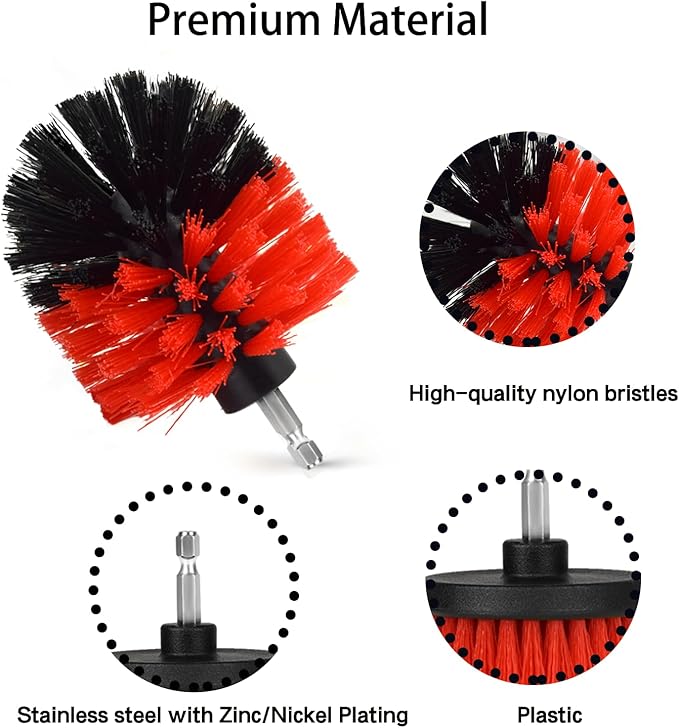 Drill Brush Attachment Set, 7 Pack 1/4in Power Scrubber Brush + Extend Long Rod, Multi-Purpose Power Cleaning Scrub Brush for Bathroom, Tub, Tile, Corner, Floor(Red)