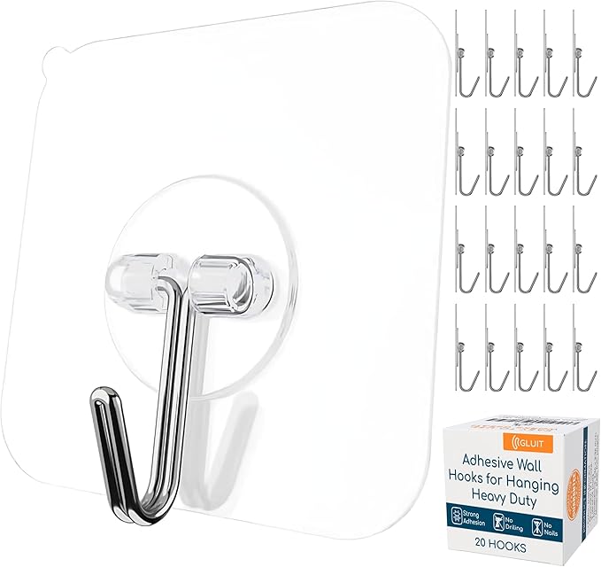GLUIT Adhesive Wall Hooks for Hanging Heavy Duty 22 lbs Hooks for Walls No Damage, Towel Sticky Clear Hooks, Waterproof, Home, Bathroom, Kitchen, Office, and Outdoor 20 Pack