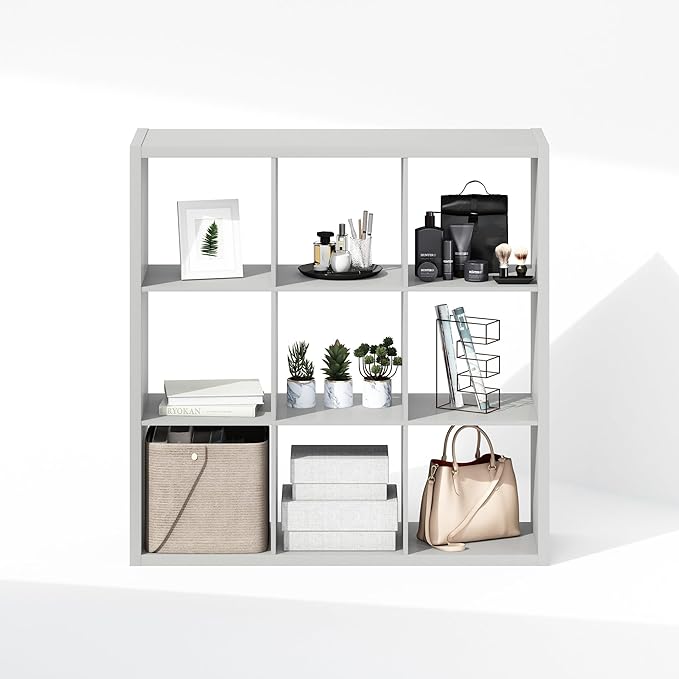 Furinno Cubic Closet Organizers and Storage, 9-Cube Closet Organizer, Open Shelf Closet Storage, Extra Thick Frame for Wardrobe, Bedroom, Living Room, Light Grey