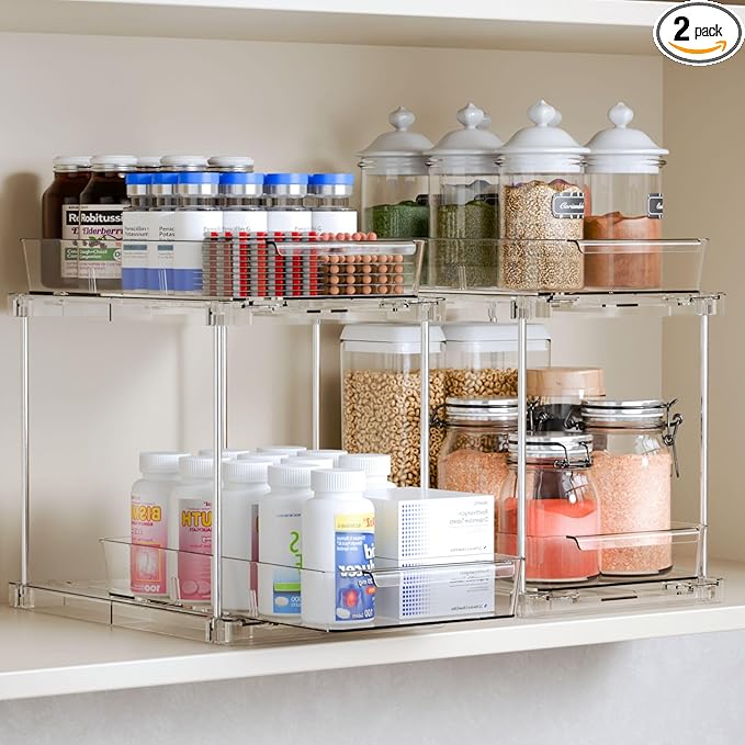 Yieach 2 Pack 10.6″ High Pull Out Medicine Cabinet Organizer for Vitamin,Pill Bottle and Supplement,2 Tier Slide out Under the Sink Organizer,Bathroom Vanity Storage and Cupboard Undersink Organizers