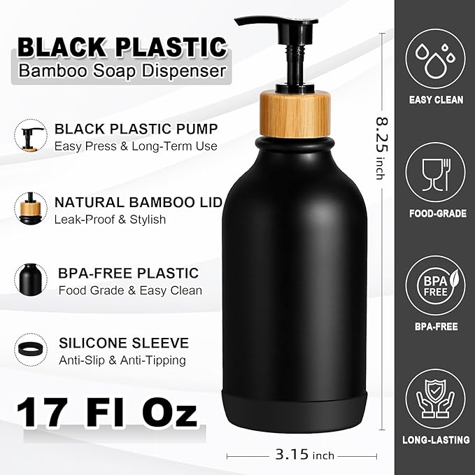 Hand Soap Dispenser Bathroom with Anti-Slip Silicone Boot, Black Dish Soap Dispenser for Kitchen, 2 Pack 17 Fl Oz Plastic Hand and Dish Soap Dispensers Set with Bamboo Pump