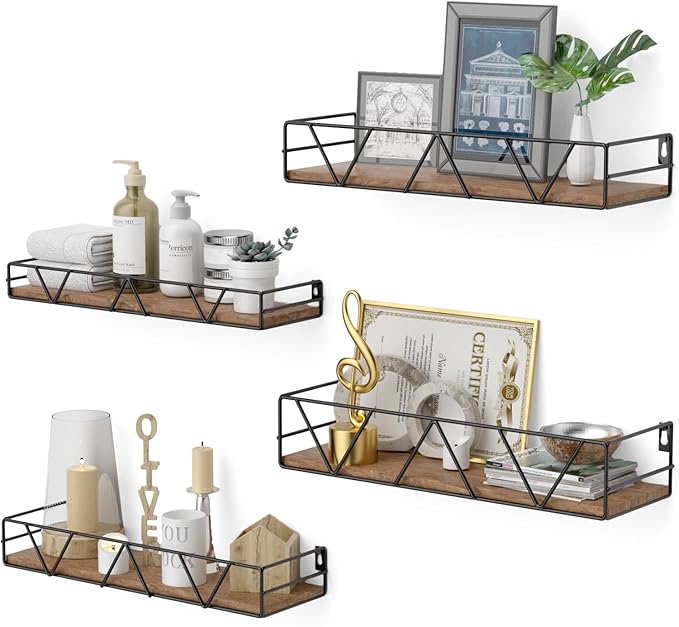 Floating Shelves Set of 4, Home Wood Wall Shelf, Farmhouse Shelf for Bedroom, Wall Mounted Floating Shelf for Living Room, Bedroom, Bathroom, Kitchen, Office (Brown)