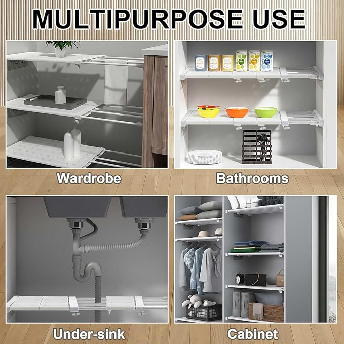 Gerrii 4 Pcs Closet Tension Shelf Rod Expandable Shelf Locker Organizer Adjustable Metal Storage Rack Scalable Layered Divider Separator for Cabinet Wardrobe Kitchen Bathroom (10.83''-17.91'')
