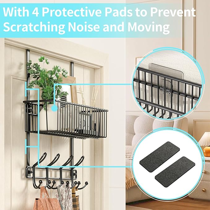 Kaiferty Over The Door Hooks Organizer,Door Hanger Door Storage with Basket,Over The Door Towel Rack Coat Hooks with 12 Hooks,for Bathroom,Bedroom,Kitchen,Office,Apartment(Black)