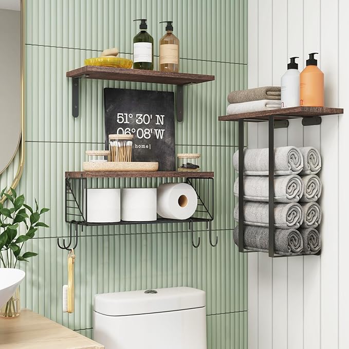 Fixwal Bathroom Floating Shelves Over Toilet Wall Shelves Set with Towel Storage Rack for Bathroom Organization & Wall Decor(Brown)