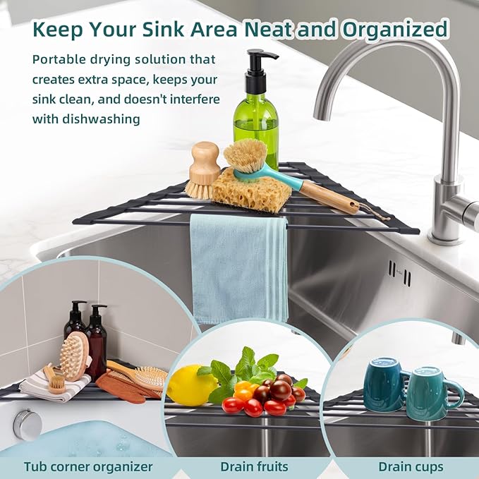 Corner Sink Caddy, Ohuhu Sponge Holder for Kitchen Sink Organizer Silicone Wrapped Steel Anti Slip Rust Triangle Over the Sink Dish Drying Rack for Sink Corner Multipurpose Drainer Trivet Space-Saving